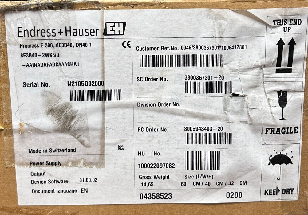 ENDRESS+HAUSER 8E3B40-2WK8/0 / 8E3B40-AAINADAFADSAAASHA1 Promass E 300 ENet USMP
