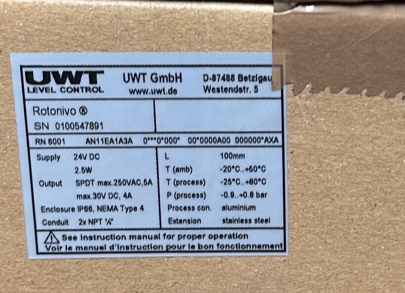 UWT LEVEL CONTROL RN6001 AN11EA1A3A Rotonivo ROTARY PADDLE LEVEL SWITCH 24V NSMP