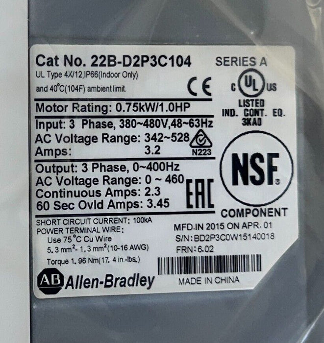 ALLEN BRADLEY 22B-D2P3C104 /A PowerFlex 40 AC DRIVE 0.75kW/1HP 342-528VAC NSMP