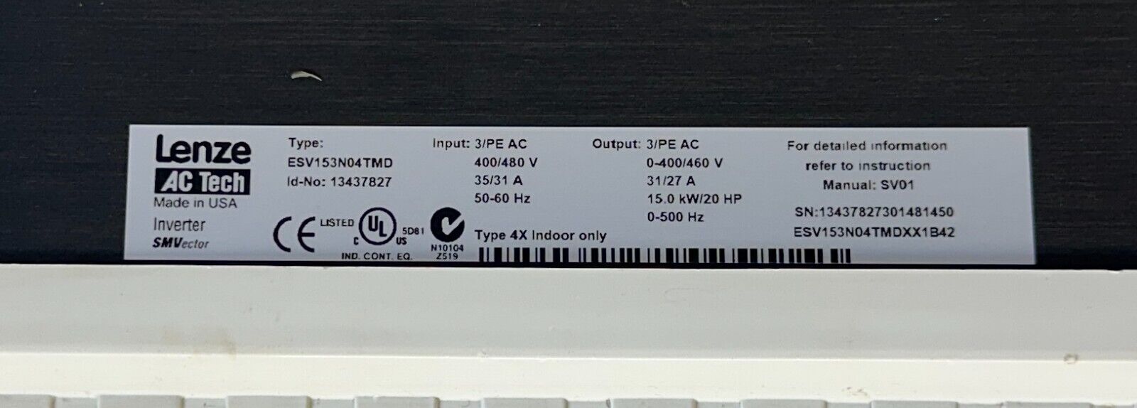 LENZE AC TECH 13437827 / ESV153N04TMD SMVector DRIVE 15kW/20HP 400/480V 3PH USNP