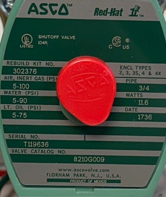 ASCO 8210G00924/DC / 8210G009 Red-Hat II SOLENOID VALVE 3/4'' 24VDC COIL NSMP
