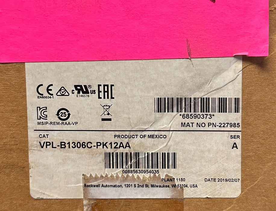 ALLEN BRADLEY VPL-B1306C-PK12AA /A Kinetix VPL LOW INERTIA SERVO MOTOR 480V NSMP