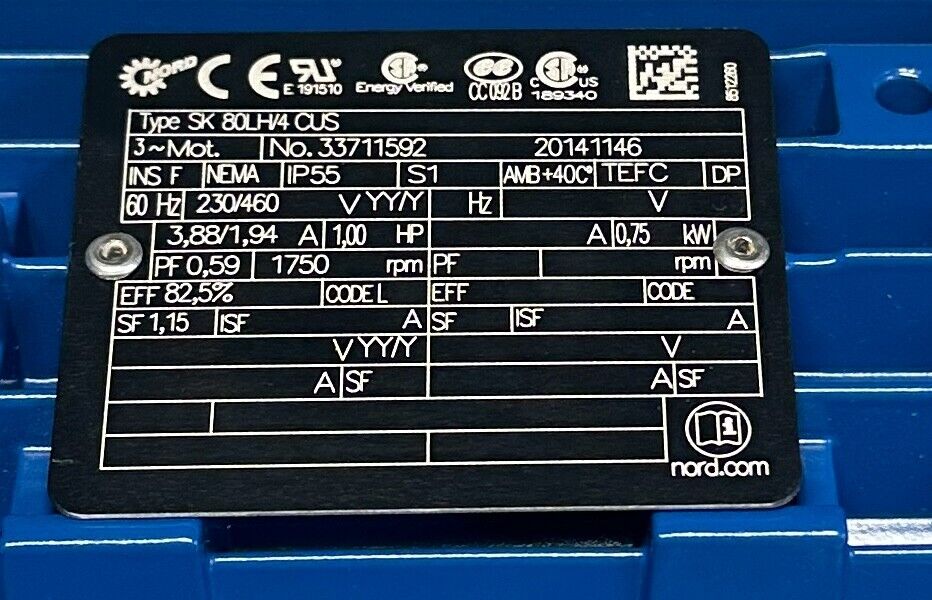 NORD SK 02F-80LH/4 CUS / SK 80LH/4 CUS GEAR MOTOR 24Nm 0.75kW/1HP 230/460V NSNP