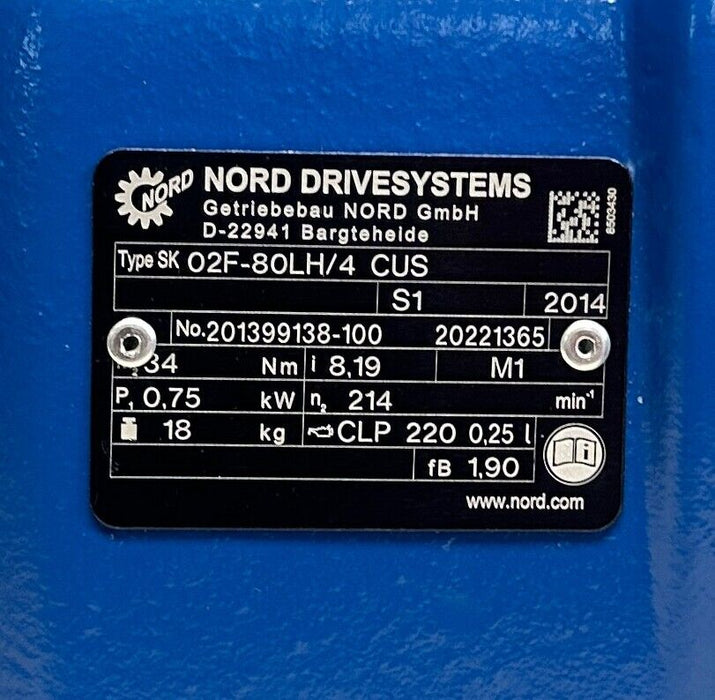 NORD SK 02F-80LH/4 CUS / SK 80LH/4 CUS GEAR MOTOR 24Nm 0.75kW/1HP 230/460V NSNP