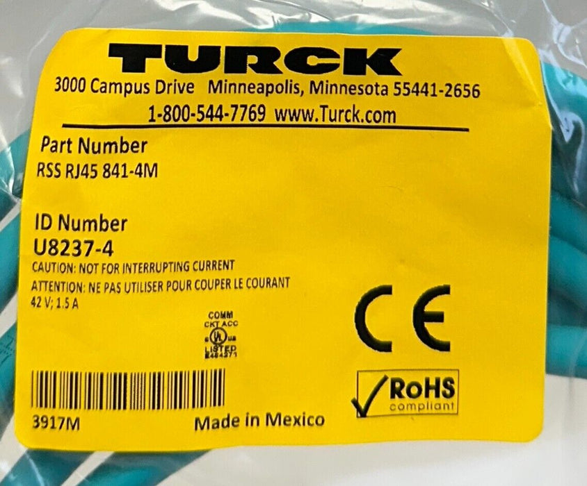 TURCK RSS RJ45 841-4M / U8237-4 INDUSTRIAL EtherNet EXTENSION CABLE 4M 48V NSFS