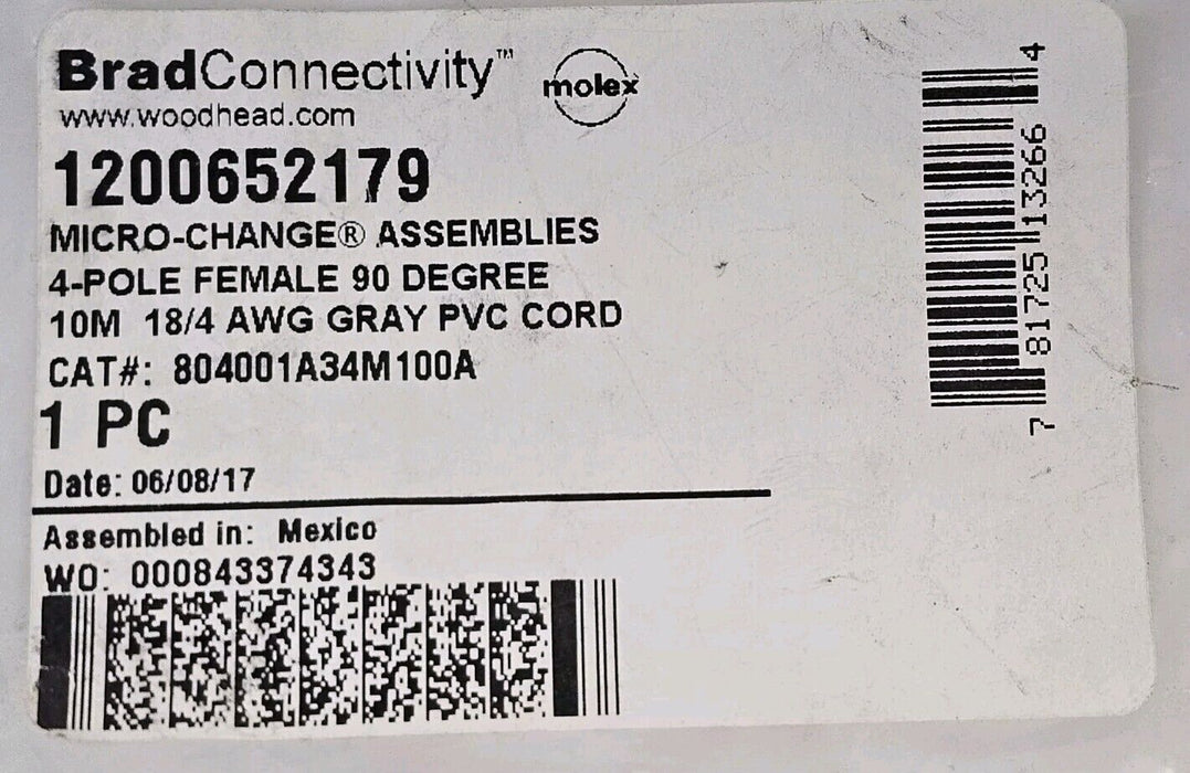 NEW MOLEX WOODHEAD 804001A34M100A MICRO-CHANGE CORDSET 1200652179
