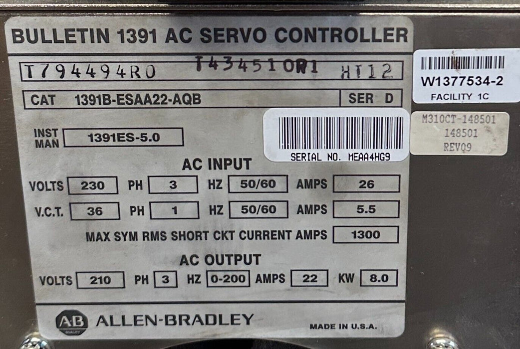For Parts ALLEN BRADLEY 1391B-ESAA22-AQB /D AC SERVO CONTROLLER 8kW 22A 3PH