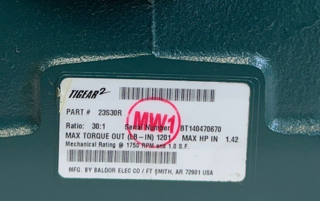 DODGE 23S30R TIGEAR-2 RIGHT-ANGLE WORM GEAR REDUCER 30:1 RATIO 1.42HP MAX NSMP