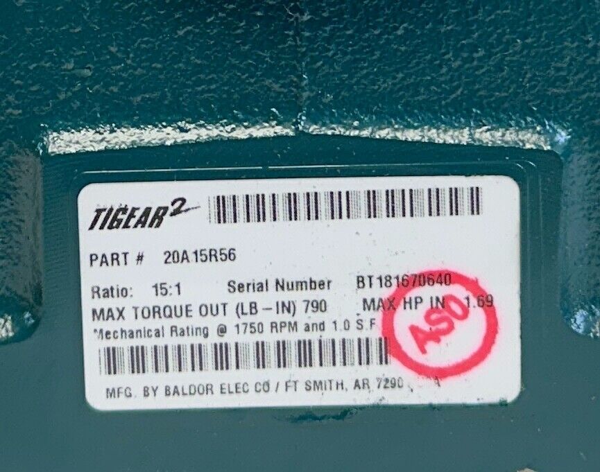 DODGE 20A15R56 TIGEAR-2 REDUCER 15:1 GEAR RATIO 1.69HP MAX RIGHT HAND NSMP