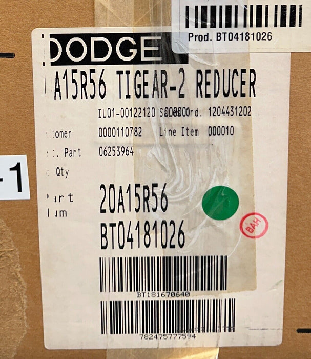 DODGE 20A15R56 TIGEAR-2 REDUCER 15:1 GEAR RATIO 1.69HP MAX RIGHT HAND NSMP
