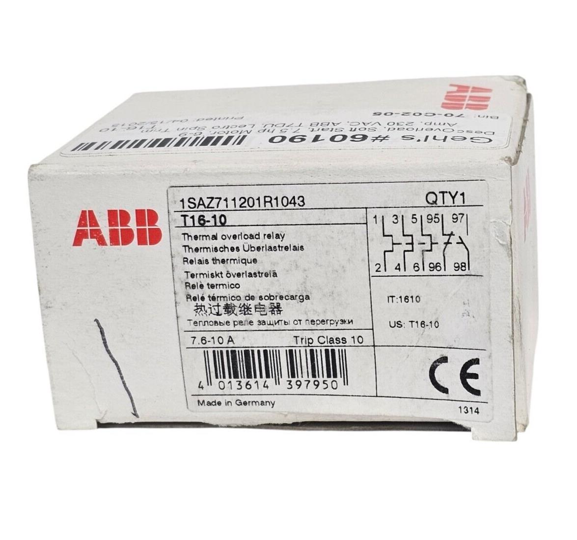 NIB ABB 1SAZ711201R1043 T16-10 THERMAL OVERLOAD (7.6 - 10.0 A)