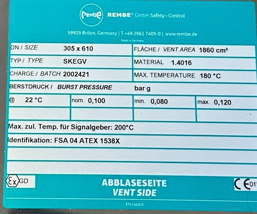 REMBE SKEGV 305 x 610 DN FSA04 ATEX 1538X 2002421 EXPLOSION VENT EGV 1.4016 NSMP