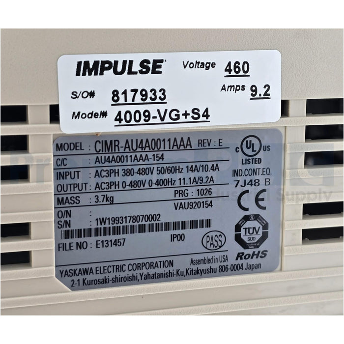 MAGNETEK YASKAWA 4009-VG+S4 IMPULSE VG+ SERIES 4 VFD 460V 5HP CIMR-AU4A0011AAA
