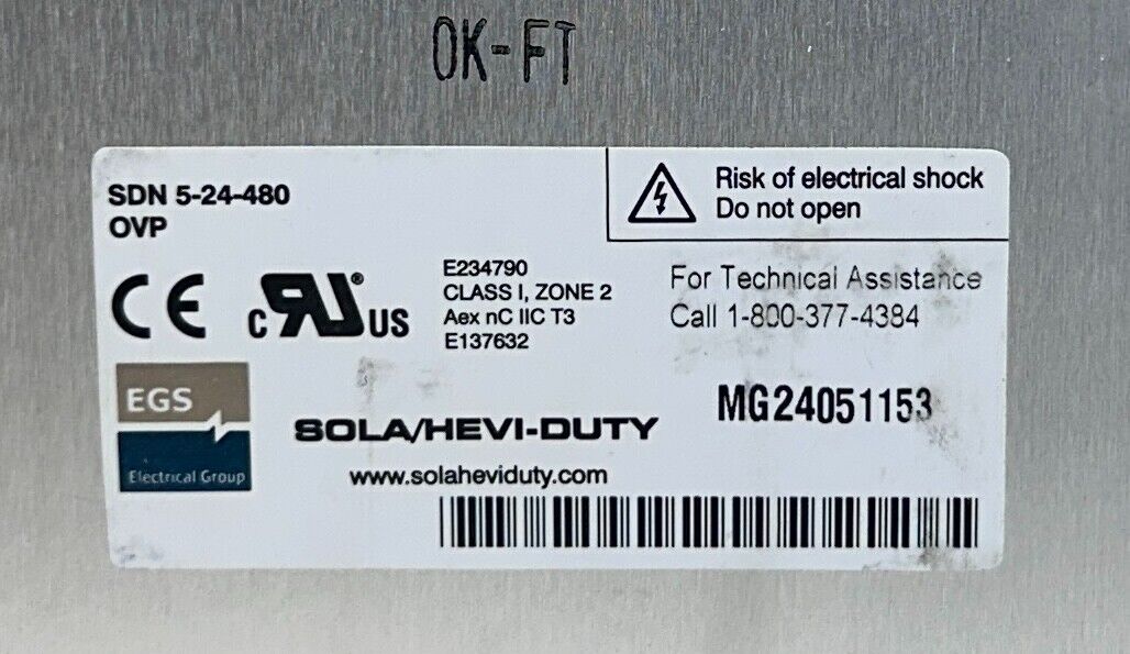 SOLA SDN 5-24-480 / SDN524480 HEVI-DUTY POWER SUPPLY 380/500VAC INPUT 24VDC NSNP