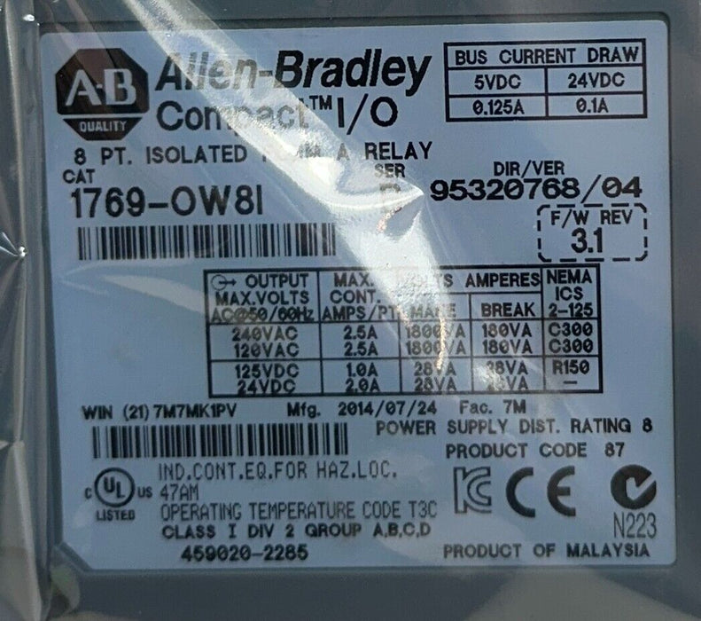 ALLEN BRADLEY 1769-OW8I /B CompactLogix 8-PT ISOLATED RELAY OUTPUT 1769OW8I NSMP