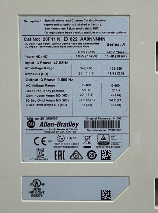ALLEN BRADLEY 20F11ND022AA0NNNNN /A PowerFlex 753 AC DRIVE 11kW/15HP 480V USNP