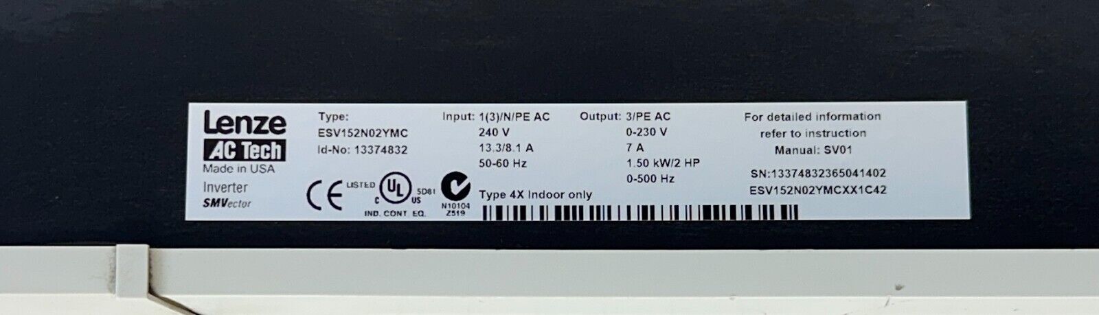 LENZE AC TECH ESV152N02YMC / 13374832 SMVector DRIVE 1.5kW/2HP240V 50/60Hz USNP