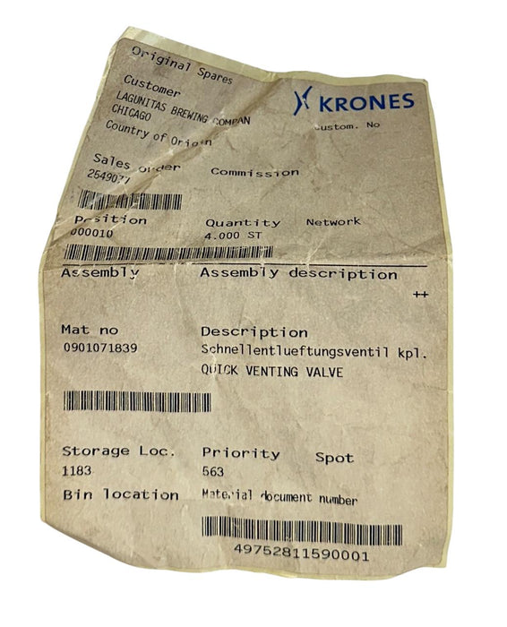 KRONES 0901071839 OEM QUICK VENTING VALVE STAINLESS NSNP