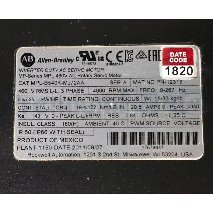 ALLEN BRADLEY MPL-B540K-MJ72AA /A KINETIX MPL 480V AC ROTARY SERVO MOTOR REMAN.