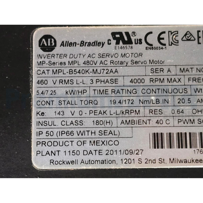 ALLEN BRADLEY MPL-B540K-MJ72AA /A KINETIX MPL 480V AC ROTARY SERVO MOTOR REMAN.