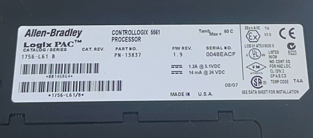 ALLEN BRADLEY 1756-L61 /B ControlLogix 5561 PROCESSOR LogixPAC PN-13837 USNP