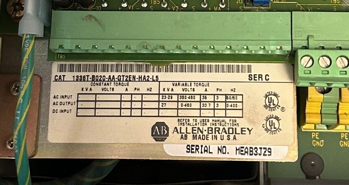 ALLEN BRADLEY 1336T-B020-AA-GT2EN-HA2-L5 /C 1336 FORCE AC DRIVE 35A 3PH USNP