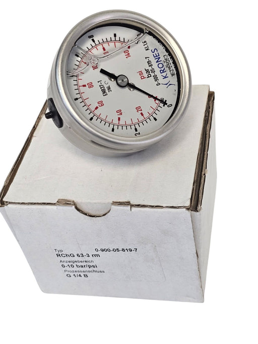 NIB KRONES 0-900-05-819-7 PRESSURE GAUGE 0-10BAR 0-140PSI 1/4" MALE CENTER BACK
