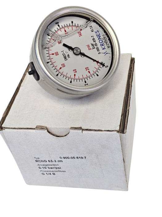 NIB KRONES 0-900-05-819-7 PRESSURE GAUGE 0-10BAR 0-140PSI 1/4" MALE CENTER BACK