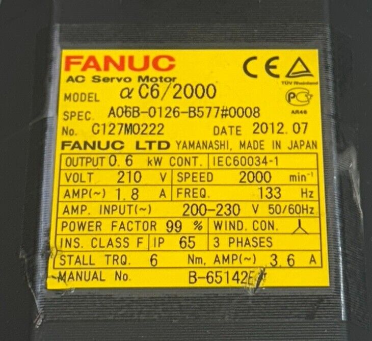 FANUC A06B-0126-B577#0008 / A06B0126B5770008 AC SERVO MOTOR aC6/2000 0.6kW NSNP