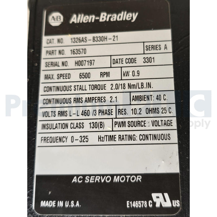 ALLEN BRADLEY 1326AS-B330H-21 /A AC SERVO MOTOR 999-001-0012 460V NSMP