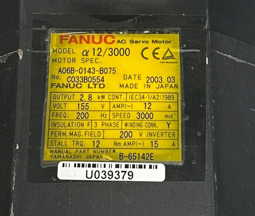 FANUC A06B-0143-B075 / A06B0143B075 AC SERVO MOTOR a12/3000 PULSE 2.8kW REPAIRED