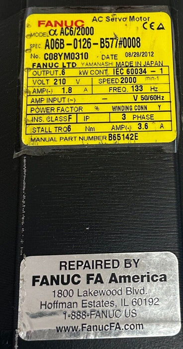 FANUC A06B-0126-B577#0008 / A06B0126B5770008 AC SERVO MOTOR aC6/2000 0.6kW REP