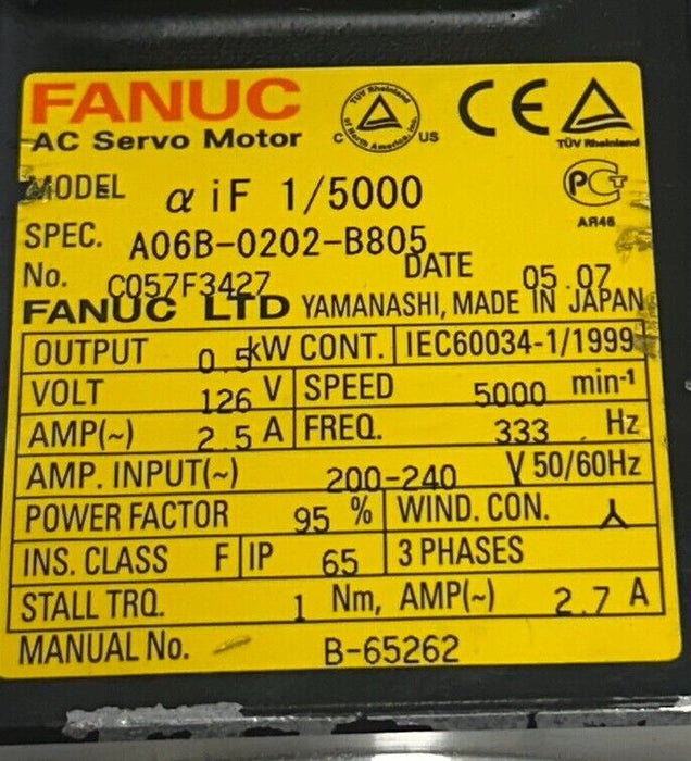 FANUC A06B-0202-B805 / A06B0202B805 AC SERVO MOTOR aiF1/5000 0.5kW 126V USNP