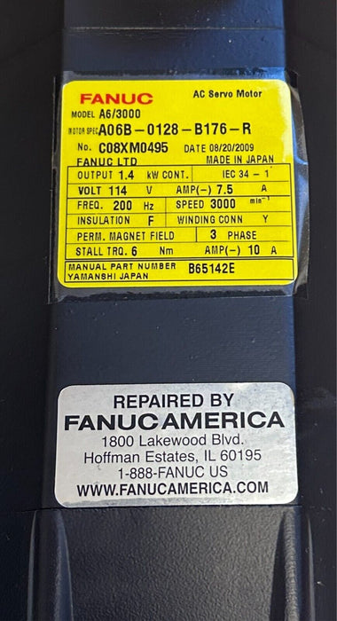 FANUC A06B-0128-B176 A6/3000 AC SERVO MOTOR 1.4kW 7.5A A06B-0128-B176-R REP