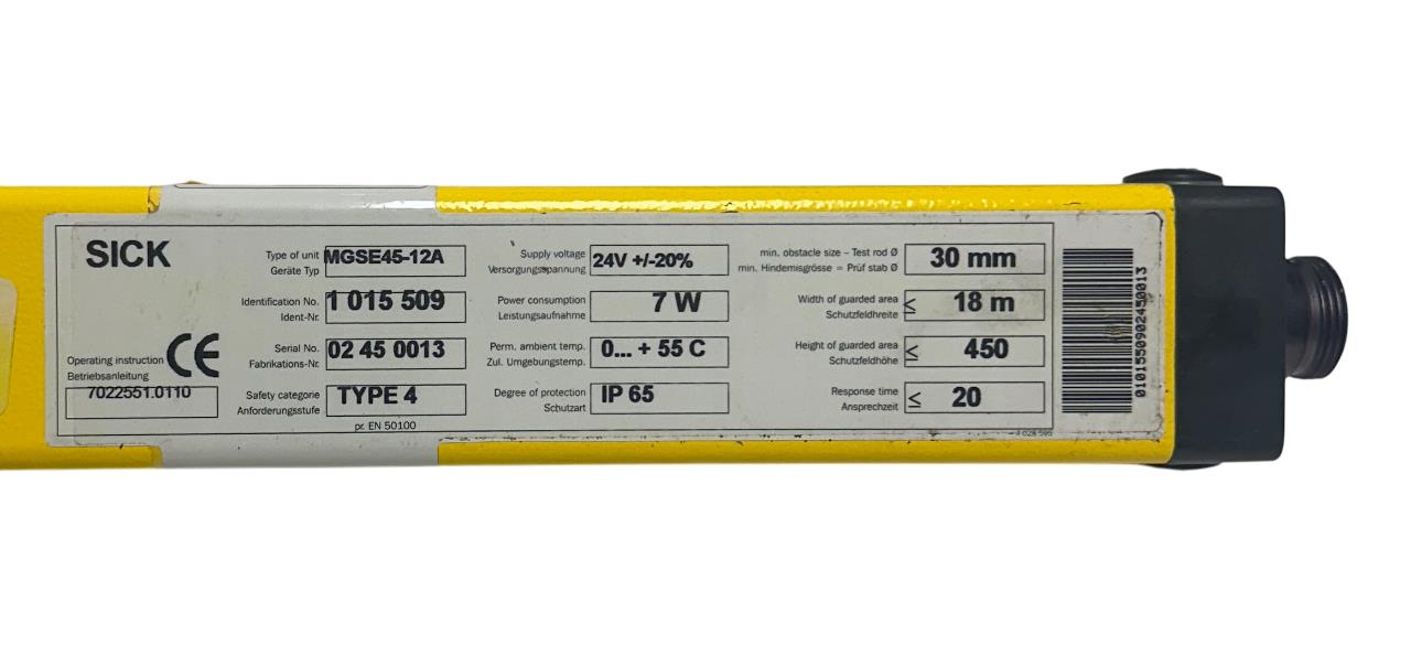 SICK MGSE45-12A / 1015509 SAFETY LIGHT CURTAIN RECEIVER 24V 7W 30mm 18m NSNP