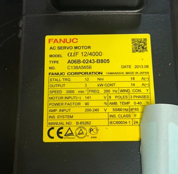 FANUC A06B-0243-B805 / A06B0243B805 AC SERVO MOTOR aiF 12/4000 3kW 141V NSNP *