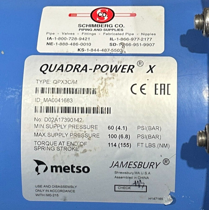 METSO JAMESBURY QPX3C/M QUADRA-POWER X ACTUATOR / 815W113600XZ WAFER-SPHERE NSNP