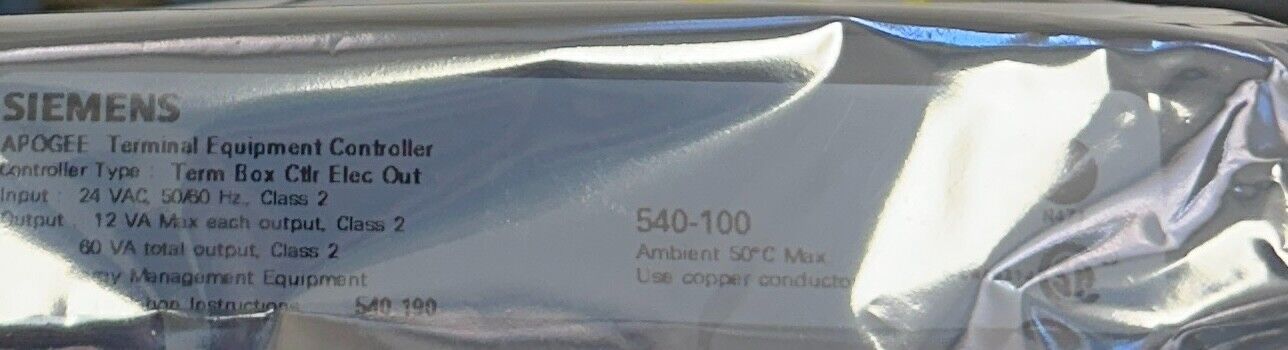 SIEMENS APOGEE 540-100 / 540100 TERMINAL EQUIPMENT CONTROLLER 24VAC INPUT NSFS