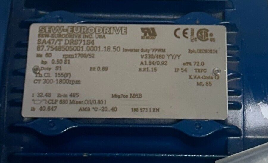 SEW-EURODRIVE SA47/T DRS71S4 / 87.7548505001.0001.18.50 GEAR MOTOR 230/460V NSNP