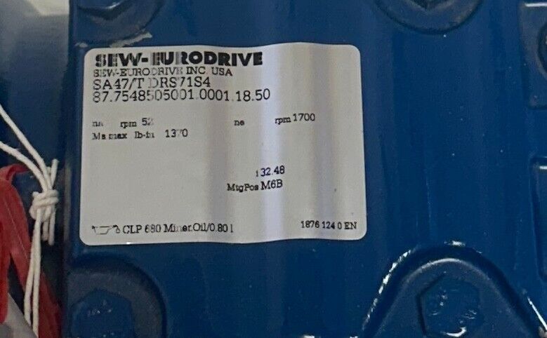 SEW-EURODRIVE SA47/T DRS71S4 / 87.7548505001.0001.18.50 GEAR MOTOR 230/460V NSNP