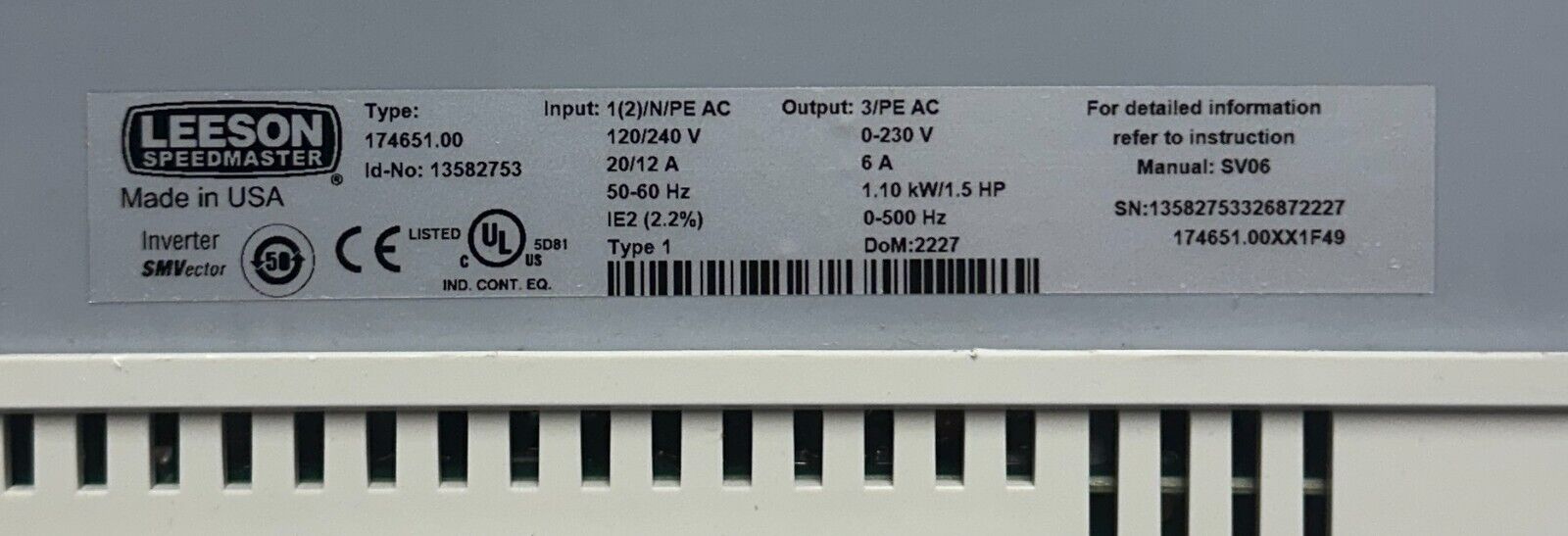 LEESON 174651.00 / 13582753 SM2 SERIES ADJUSTABLE SPEED MOTOR CONTROL 1.5HP NSMP