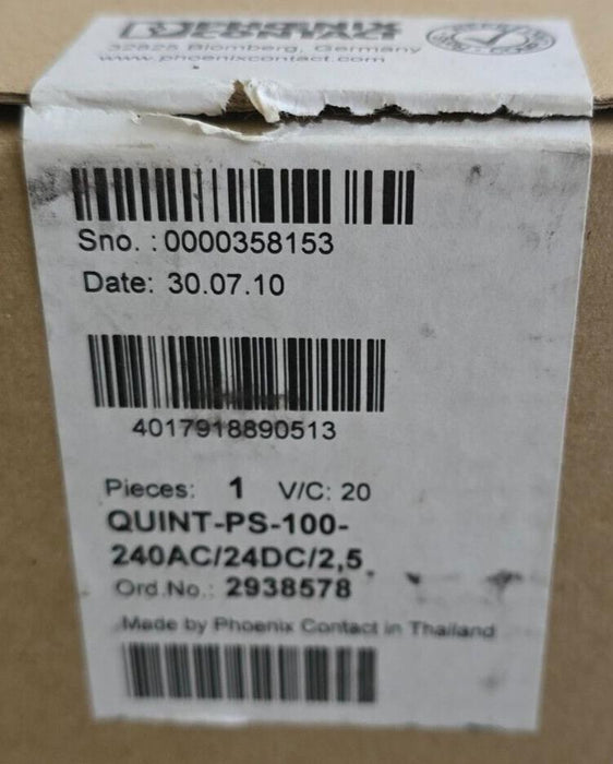 PHOENIX CONTACT QUINT-PS-100-240AC/24DC/2.5 - 2938620 POWER SUPPLY 24 V DC/2.5 A