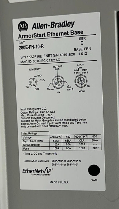 ALLEN BRADLEY 281E-F12Z-10A-RRW /C ArmorStart CONTROL 280E-FN-10-R /C Enet NSNP