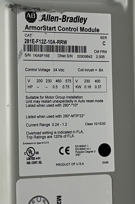 ALLEN BRADLEY 281E-F12Z-10A-RRW /C ArmorStart CONTROL 280E-FN-10-R /C Enet NSNP