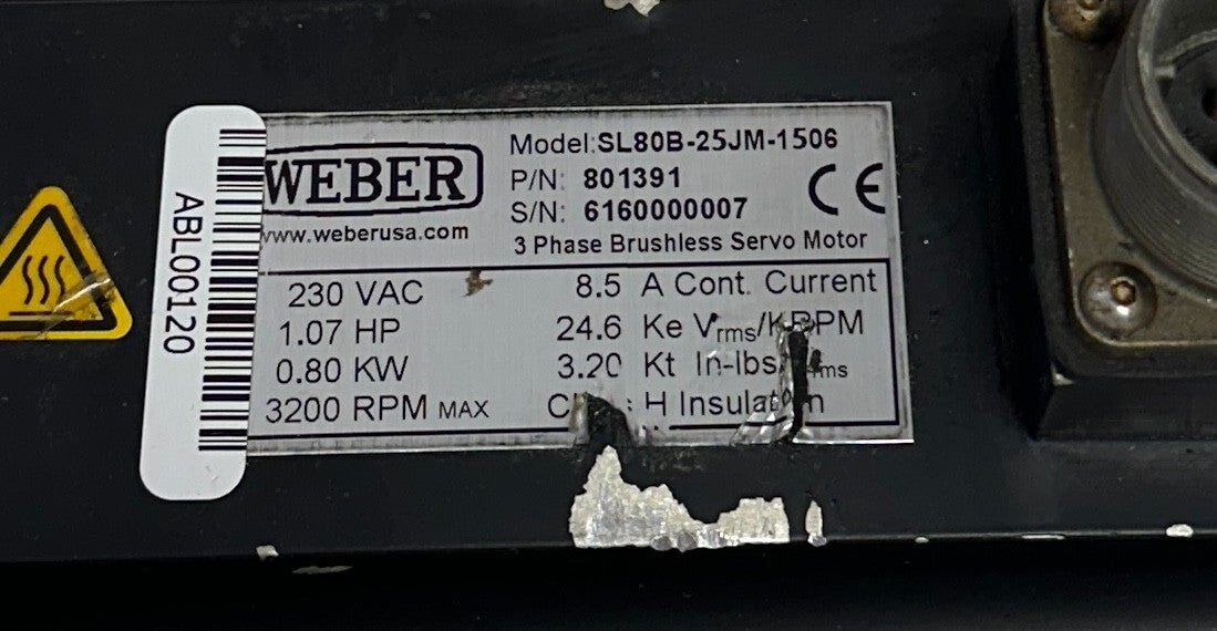 WEBER SL80B-25JM-1506 / 801391 BRUSHLESS SERVO MOTOR 3PH .80kW/1.07HP 230V USNP