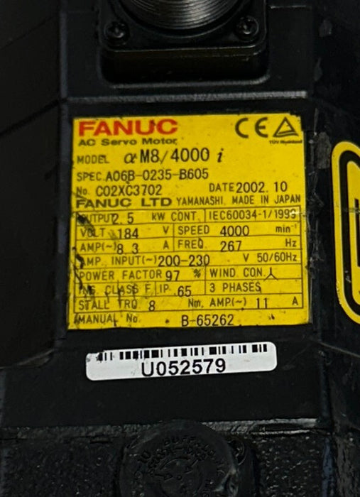 FANUC A06B-0235-B605 / A06B0235B605 AC SERVO MOTOR aM8/4000i 2.5kW 184V USNP