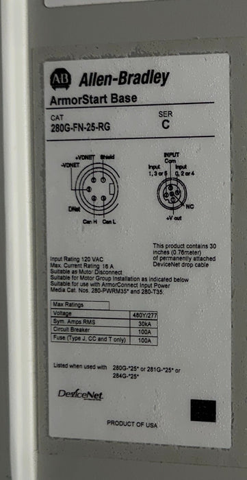 ALLEN BRADLEY 284G-FVD6P0D-25-RRG-CBG-DB1-EMI /C ArmorStart CONTROL W/ BASE NSNP