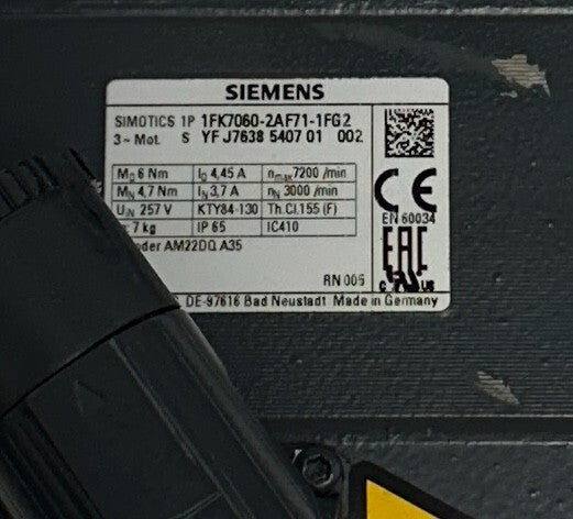 SIEMENS 1FK7060-2AF71-1FG2 / 1FK70602AF711FG2 SIMOTICS SERVO MOTOR 257V USNP