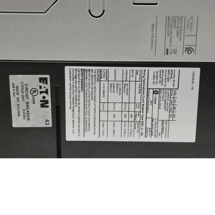 EATON MOELLER NZMN3-AE600-NA - NZM CIRCUIT BREAKER 3P 600A w/MAGNETIC TRIP NSMP