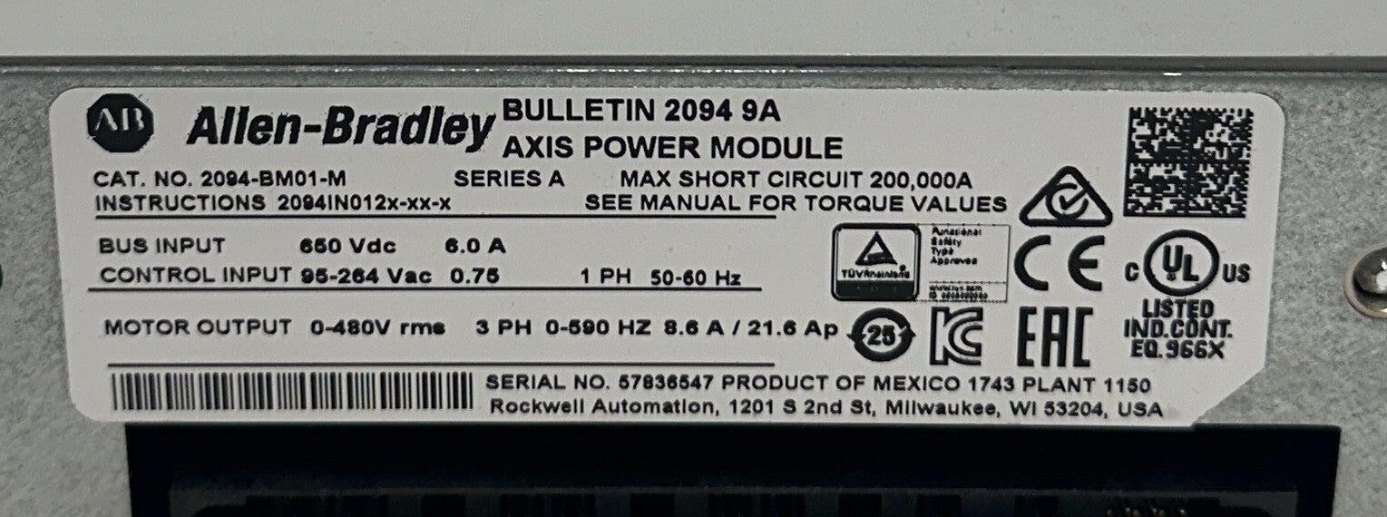 ALLEN BRADLEY 2094-BM01-M /A Kinetix 6200/6500 AXIS MODULE 3.9kW/8.6A NSMP
